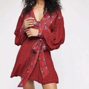 free people red floral button front mini dress S